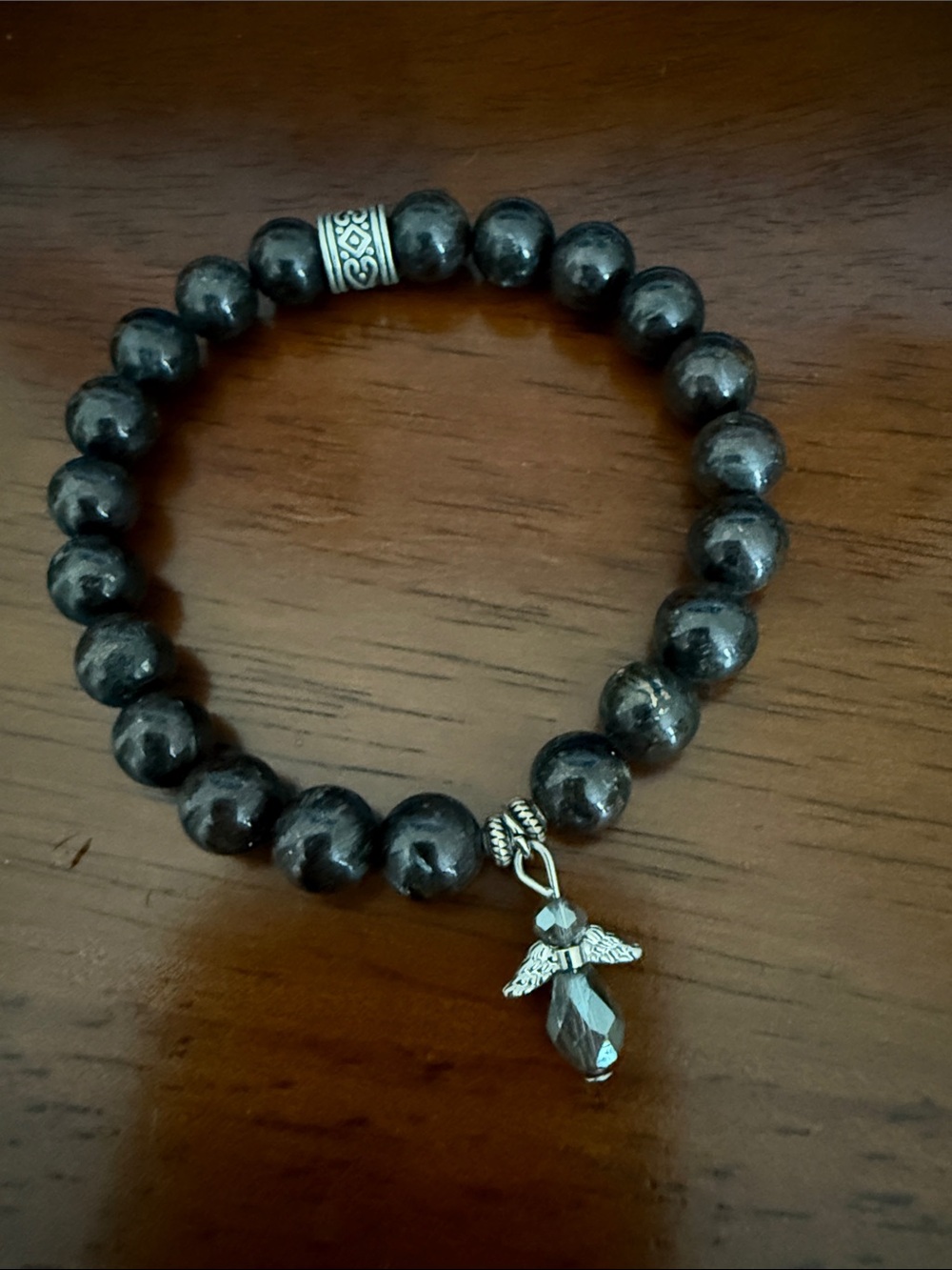 Black Obsidian Bead Bracelet with Angel Charm